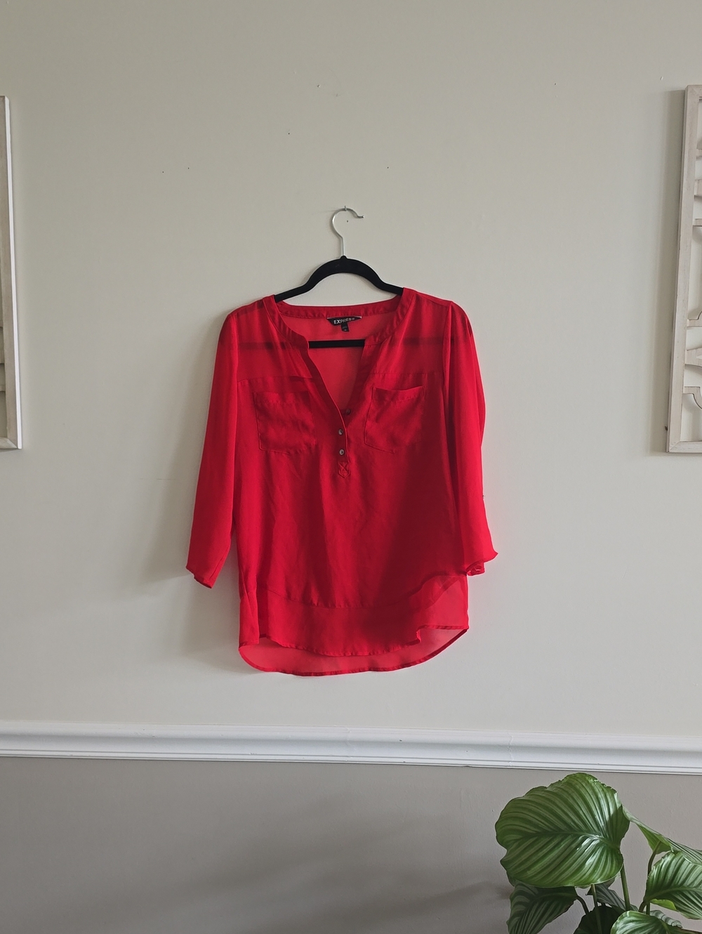 Express Red Split-Neck Sheer Blouse
